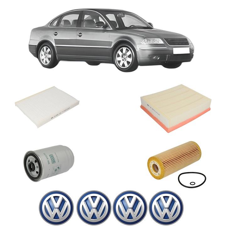 Pachet revizie Volkswagen PASSAT B5.5 (3B3) 1.9 TDI din 2000-2005, Contine filtru aer, ulei, combustibil, habitaclu MANN, 4x Stickere cu Volkswagen