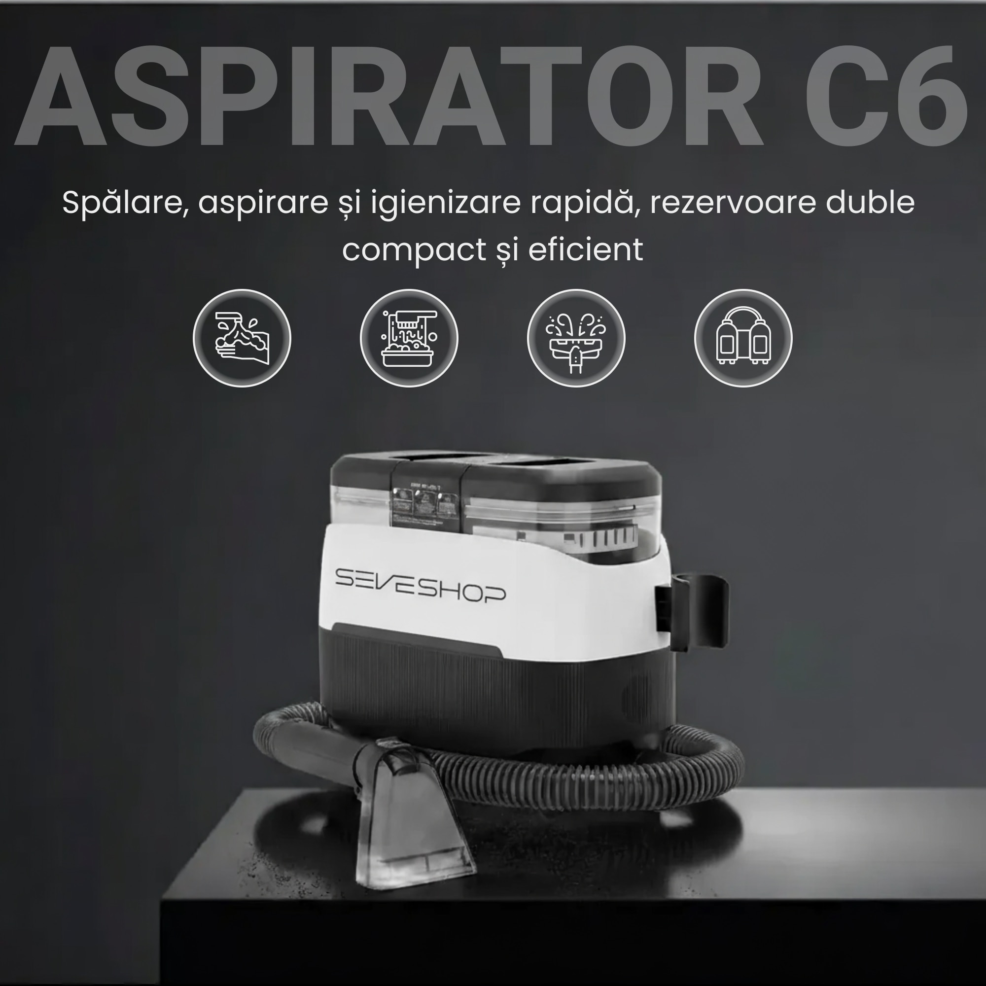 Aspirator Cu Spalare 4 In 1 SeveShop® C6 Max Teendow, Aspirator cu Aburi, Aspirator Cu Spalare Multifunctional Pentru Covor Si Tapiterie, Rezervor Dublu 1.2L, Putere 1650W, Putere De Aspirare 12000Pa, Design Compact, Ideal Auto, Canapea, Gri