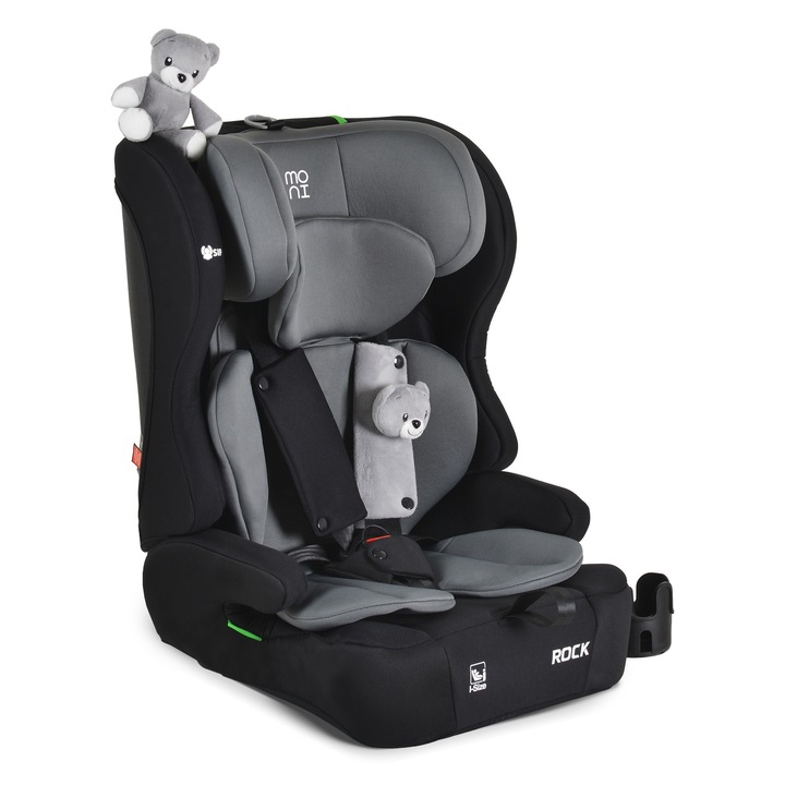 Scaun auto fara isofix Moni Rock, omologat R129/i-Size, cu suport pahar si jucarii incluse, 76-150 cm, Gri