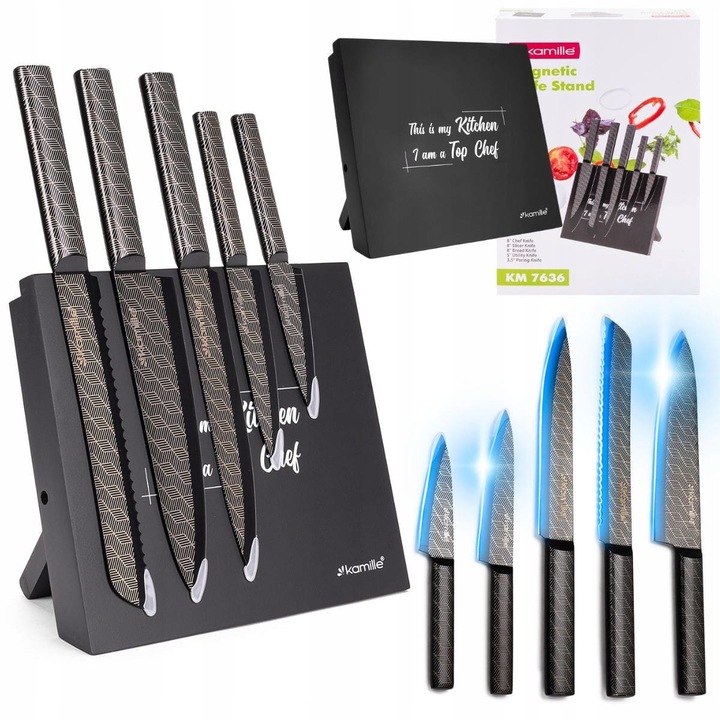 Set cutite Kamille 6 piese, lame inoxidabile, suport magnetic, design modern