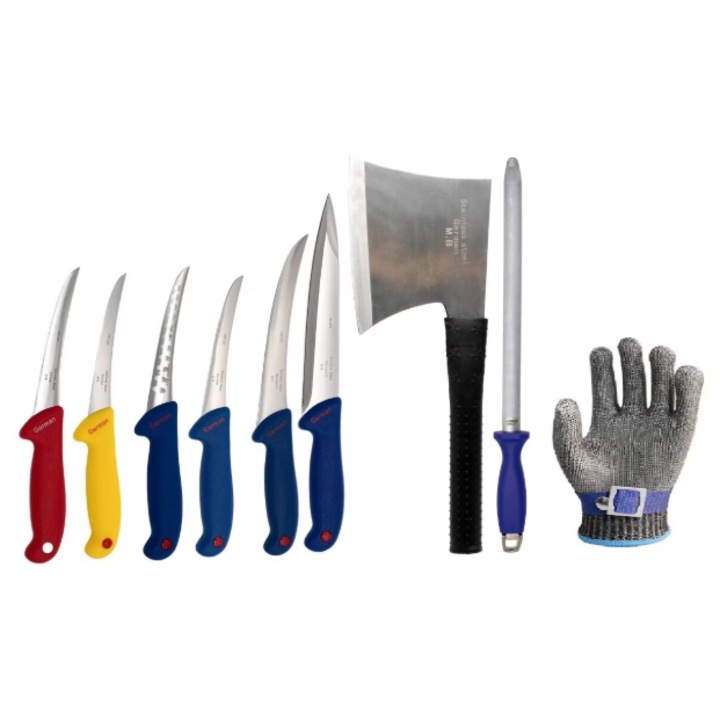 Set 9 unelte profesionale de măcelărie, VICTINY, 4 cutite dezosat, satar, masat, albastru/roșu/galben/negru