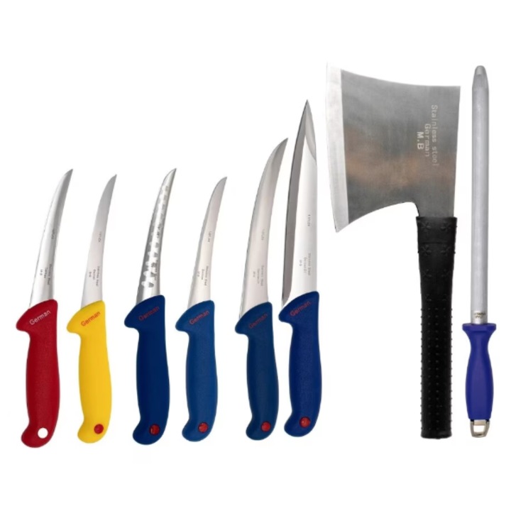 Set 8 unelte profesionale măcelărie, VICTINY, cutit injunghiat, cutit filetat, 4 cutite dezosat, satar, masat, otel