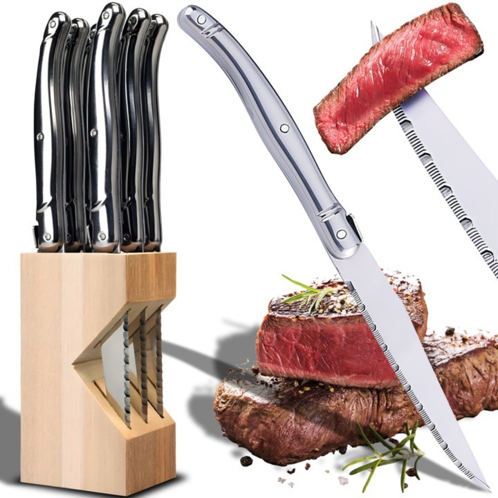 Set de 6 cutite pentru friptura VarioShop®, cu bloc din lemn, lame zimtate din otel inoxidabil, maner ergonomic, lungime 23 cm, ideal pentru carne, paine, pizza, fructe