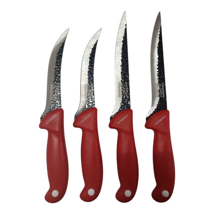 Set 4 cutite macelarie, lama groasa, maner din plastic dur, rosu, 34x2cm si 27x2cm