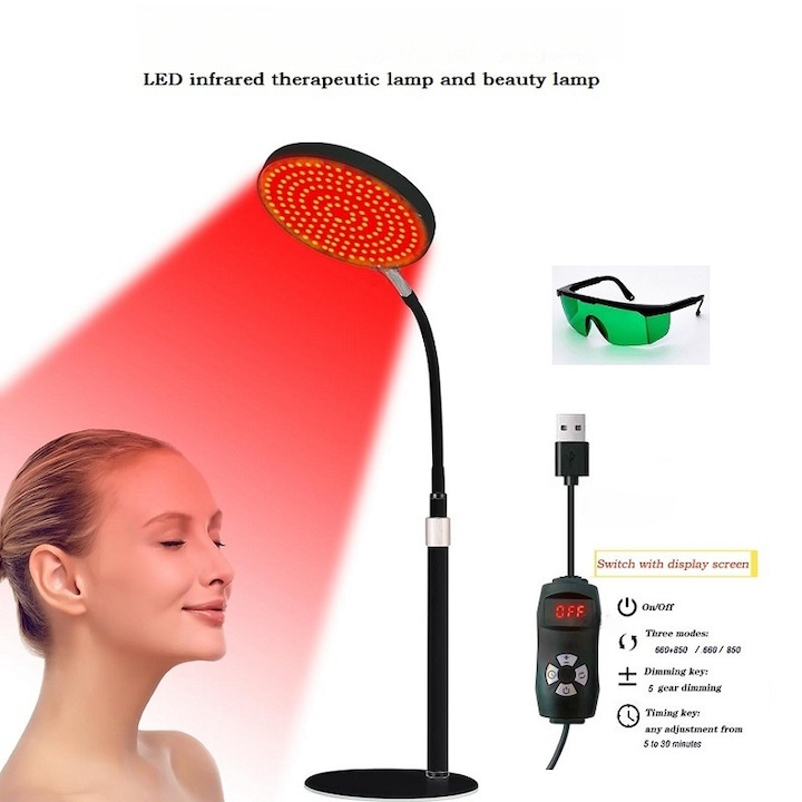 Lampa de terapie cu lumina rosie pentru fata - tratament facial si corporal cu suport reglabil pe inaltime, 120 LED-uri, 660nm, 850nm, 940nm, amelioreaza durerile musculare, vitalizeaza pielea, WALALLA