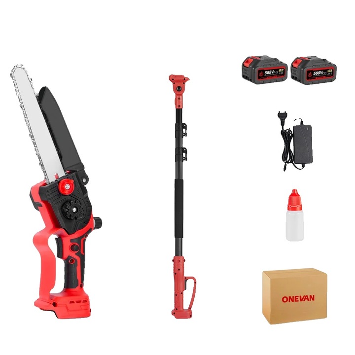 Elektromos láncfűrész, kefe nélküli motor, állítható hosszúságú, 2 akkumulátor, EU dugó