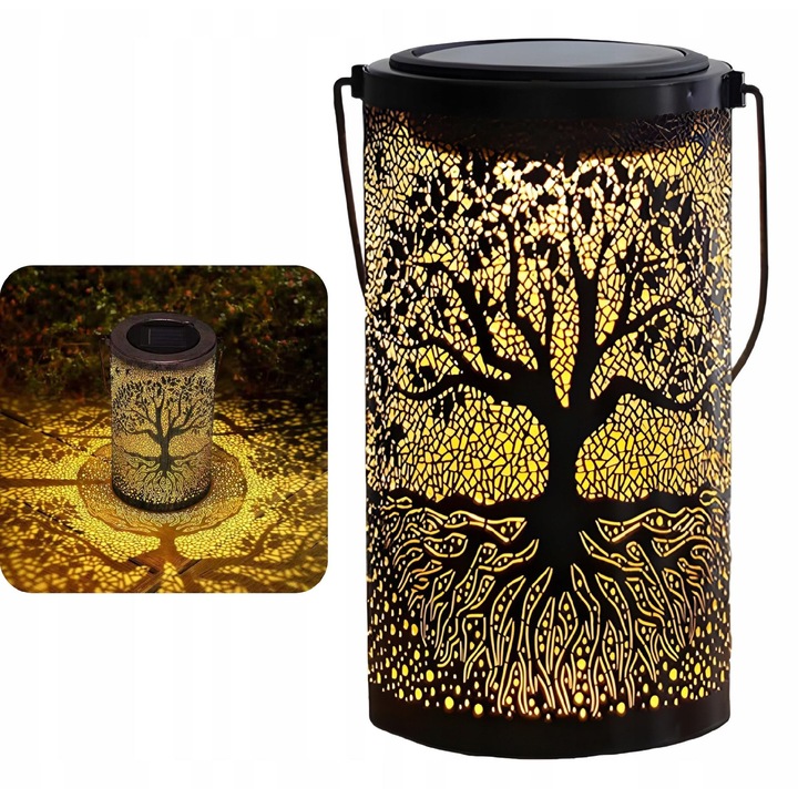 Solara dekoratív LED lámpa, POCUL VIETII, életfa, 18.5 cm, napelemes, szürkületérzékelő, retro stílusú, fekete antik arany hatással, 1x napelemes lámpa, 1x akasztó, porszórt fém, meleg fehér fény, 100 lm, 3000K