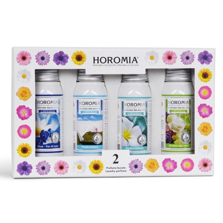 Horomia ruha parfüm szett 50 ml x 4 db, Levendula Aromatica, Tavaszi Szellő, Bazsarózsa Szirmok, Baba Talkum
