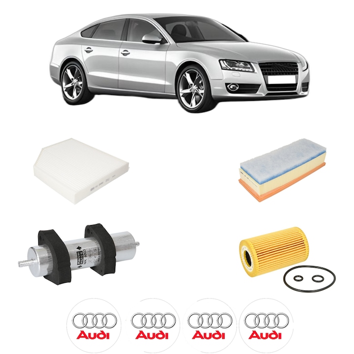 Pachet revizie AUDI A5 Sportback (8TA) 2.0 TDI din 2011-2017, Contine filtru aer, ulei, combustibil, habitaclu MANN, 4x Stickere cu AUDI