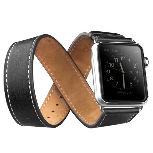 Curea Apple Watch Series SE, 6, 5, 4 - 44mm, 1, 2, 3 - 42mm, Qialino Classic, 2 in 1 din piele de vitel, culoare Negru