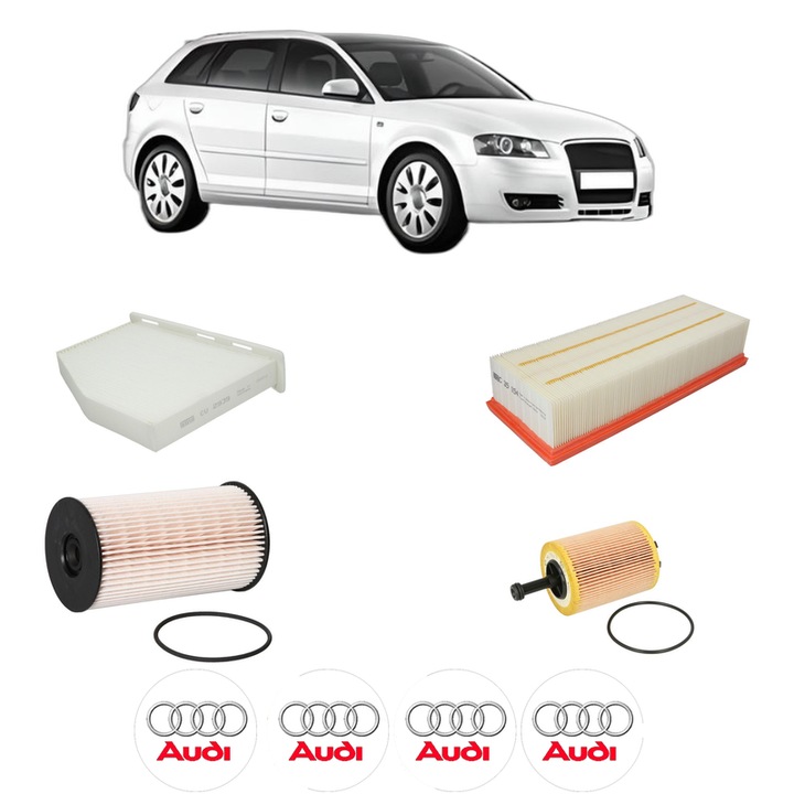 Pachet revizie AUDI A3 Sportback (8PA) 2.0 TDI din 2005-2008, Contine filtru aer, ulei, combustibil, habitaclu MANN, 4x Stickere cu AUDI