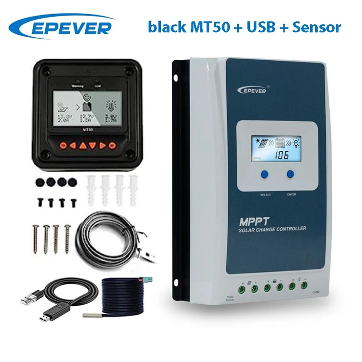 Controler de incarcare solara, Epever, tehnologie MPPT, display LCD, 30 A, set complet