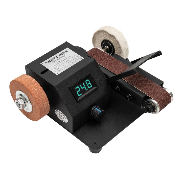 Мини електрическа лентова шлифовъчна машина, 350 W, 0–10 000 об/мин, лента 30×380 мм, 110 V, за заточване на ножове, включени 10 абразивни ленти, черен