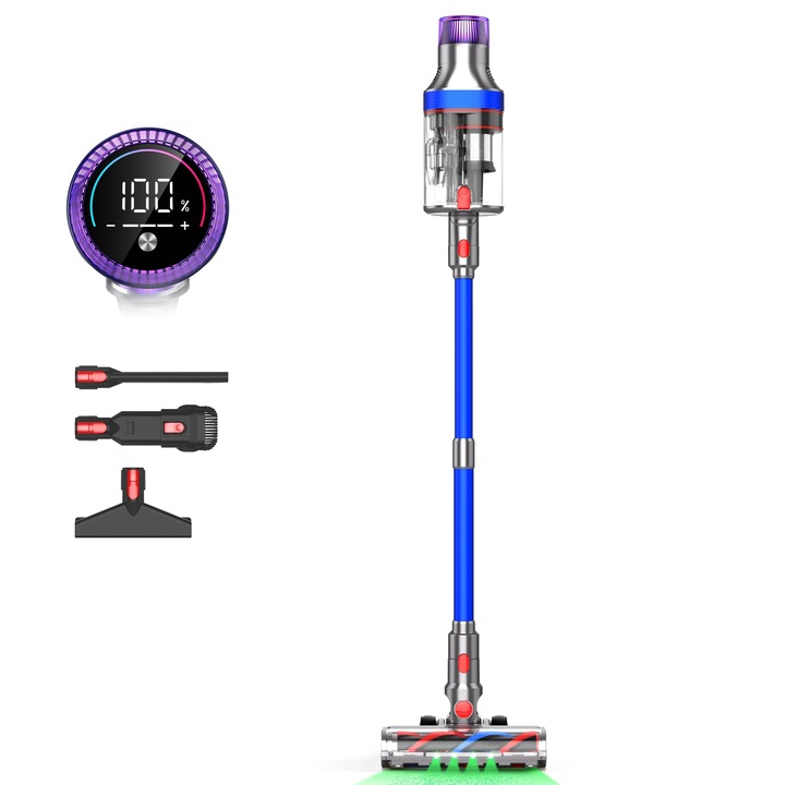 Aspirator Fara Fir, Aspirator de Mana, 580 W, Filtru HEPA, Ecran LCD, Perie Turbo, Duza pentru Fante, Fara Sac, Albastru