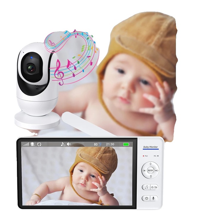 Monitor video pentru bebelusi, 720P HD, audio bidirectional, control de la distanta, viziune nocturna, 7 inch