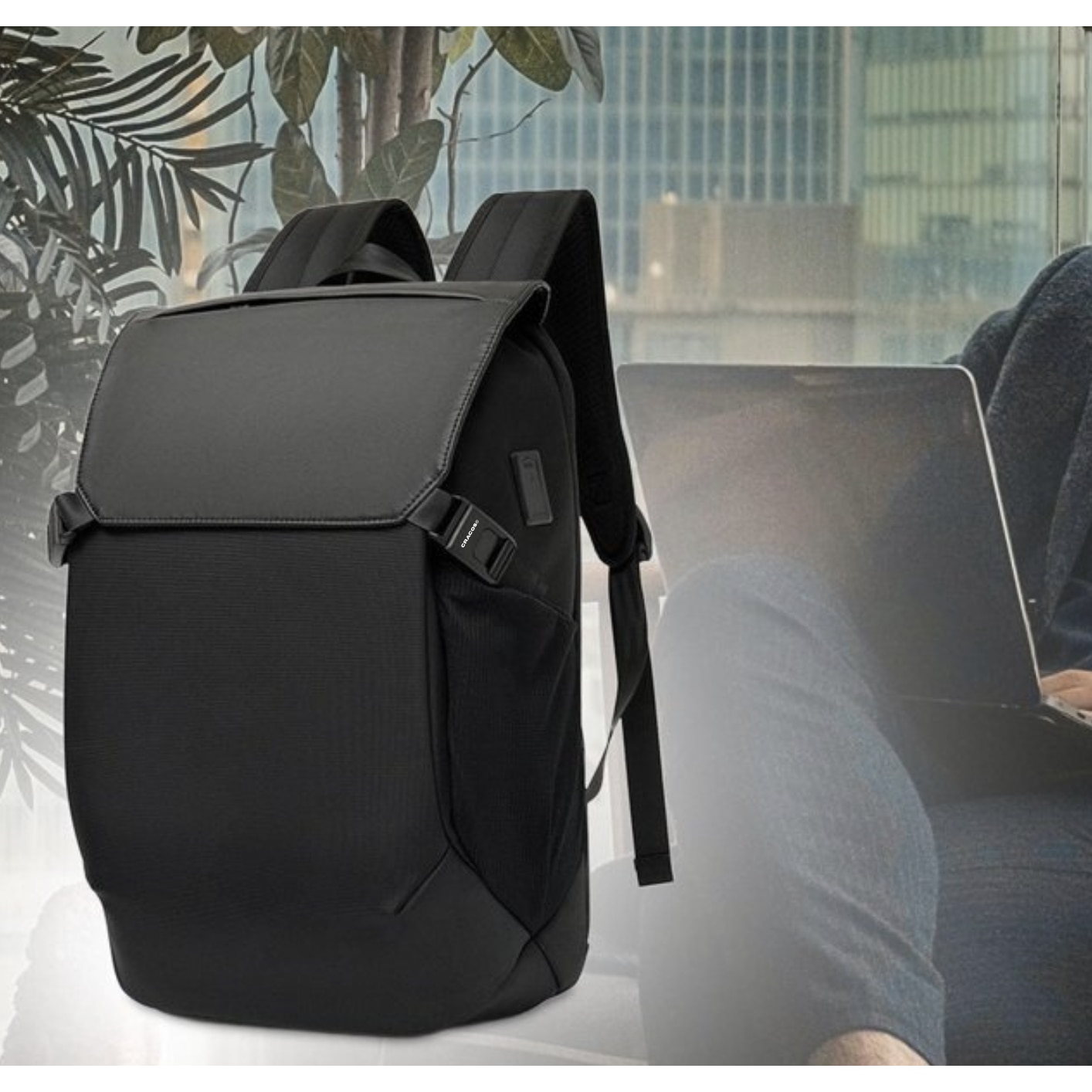 Rucsac unisex business pentru laptop, Cracos® 15.6”, port USB, 45x16x32 cm, negru