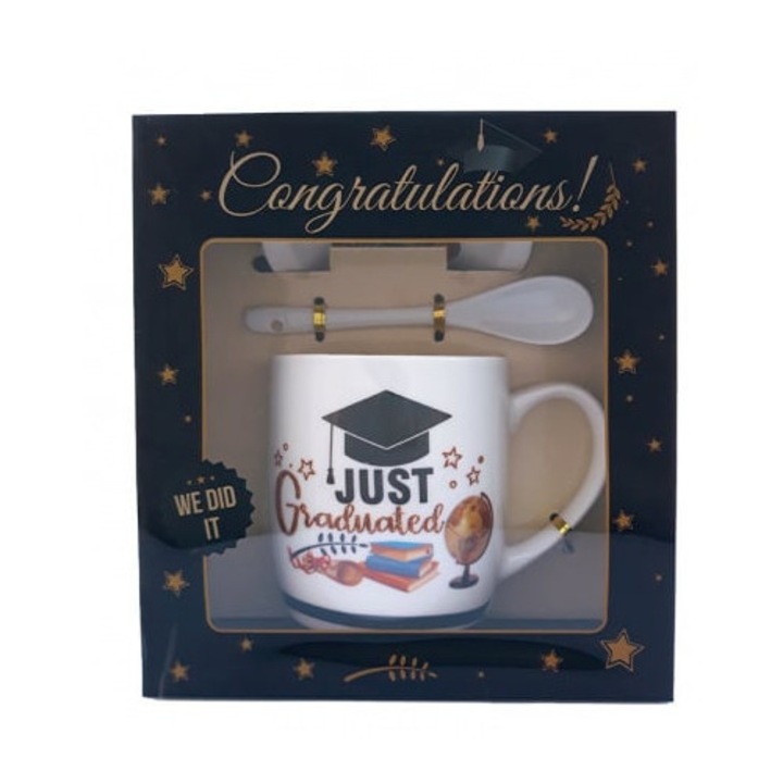 Set cană 300ml, linguriță, farfurie, ceramică Velve, pentru absolvire, cutie elegantă, Negru/Alb