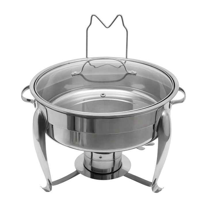 Нагревател за бюфет, кръгъл Chafing dish, капацитет 6 л, инокс, с капак, размери 28×28,5 см, сребрист