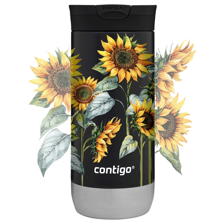 Cana termica Contigo Huron 2.0, 470ml, negru, 100% fara scurgeri, izolare vacuum