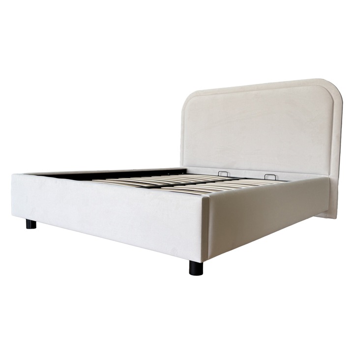 Тапицирано двойно легло VELVET LOOP, светлокремаво, място за съхранение и повдигаща се подматрачна рамка, 140x200