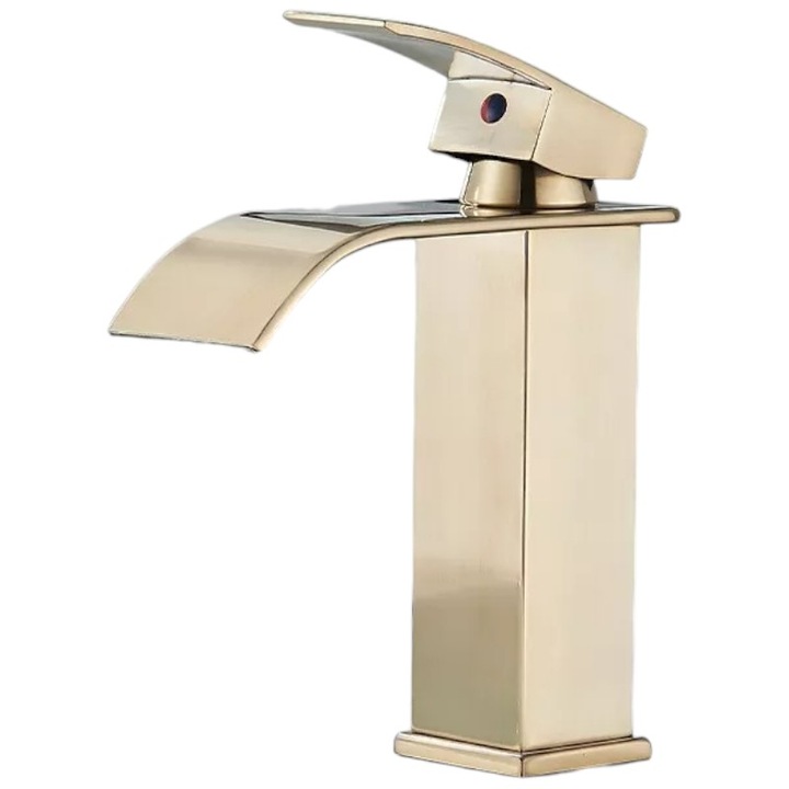 Baterie Chiuveta/Lavoar Baie BisDesign®, Pipa Tip Cascada, Stil Patrat, Finisaj Auriu Mat/Periat, Dimensiune 19 cm