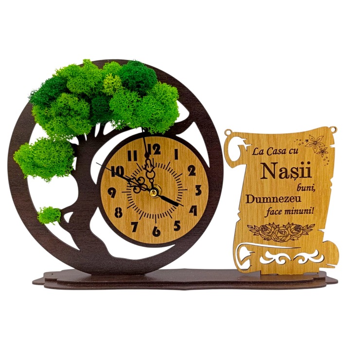 Ceas bonsai cu licheni naturali si mesaj pentru Nasi "La casa cu...", 30x20 cm, cadou personalizat, wenge