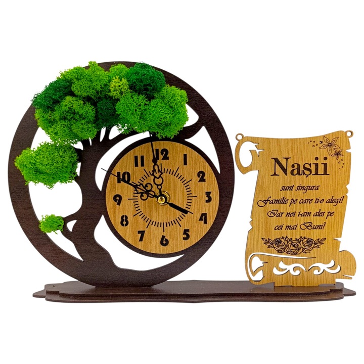 Ceas bonsai cu licheni naturali si mesaj pentru Nasi, 30x20 cm, cadou personalizat, wenge