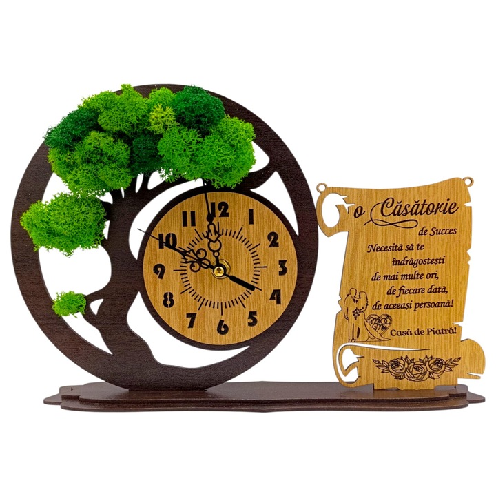 Ceas bonsai cu licheni naturali si mesaj pentru Casatorie, 30x20 cm, cadou personalizat, wenge