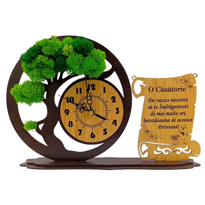 Ceas bonsai cu licheni naturali si mesaj pentru Casatorie, model 2, 30x20 cm, cadou personalizat, wenge