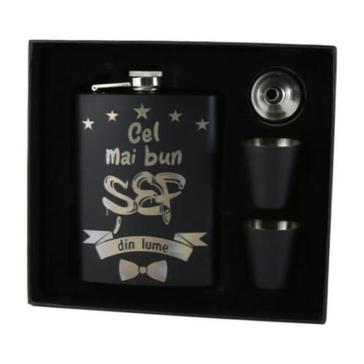 Set personalizat „Cel mai bun Sef din lume”, cu plosca, palnie si doua pahare, Negru, Velve