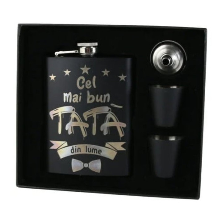 Set personalizat „Cel mai bun Tata din lume” cu plosca, palnie si doua pahare, Negru, Velve