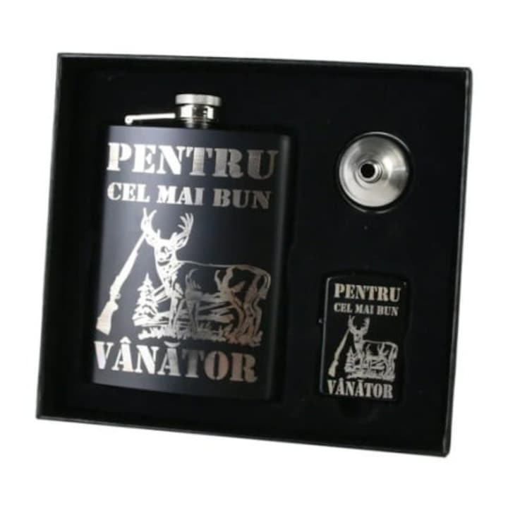 Set plosca "Pentru cel mai bun Vanator" cu palnie si bricheta, Negru, Velve