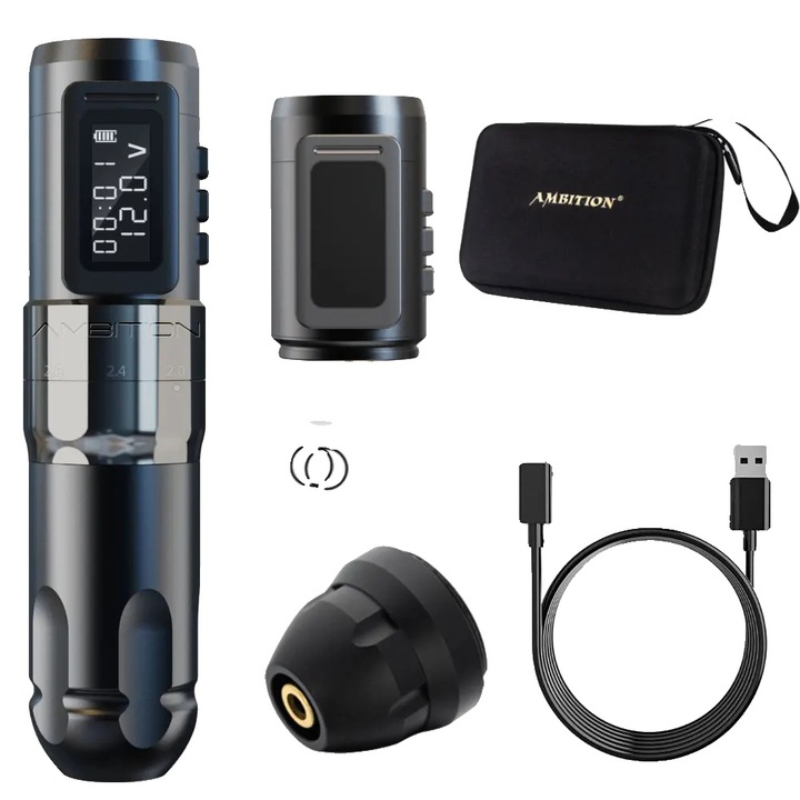 Tattoo gép, vezeték nélküli működés, állítható lökethossz, ezüst, komplett készlet