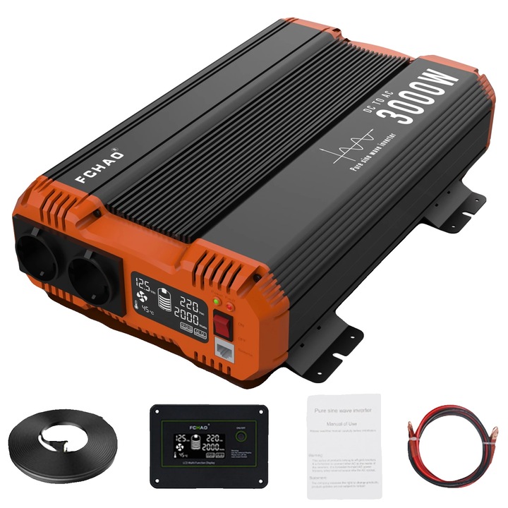 Inverter autó 3000W, 12V, LCD kijelző, stabil teljesítmény, kompakt kivitel