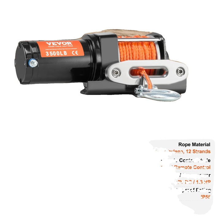 Winch electric, 3500 lbs capacitate, control cu fir, 39ft lungime cablu, rezistent la apa si praf