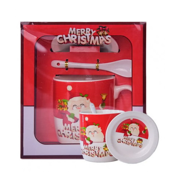 Set cana ceramica cu lingurita si farfurioara, Velve, tematica de Craciun, 350 ml, ambalaj cadou