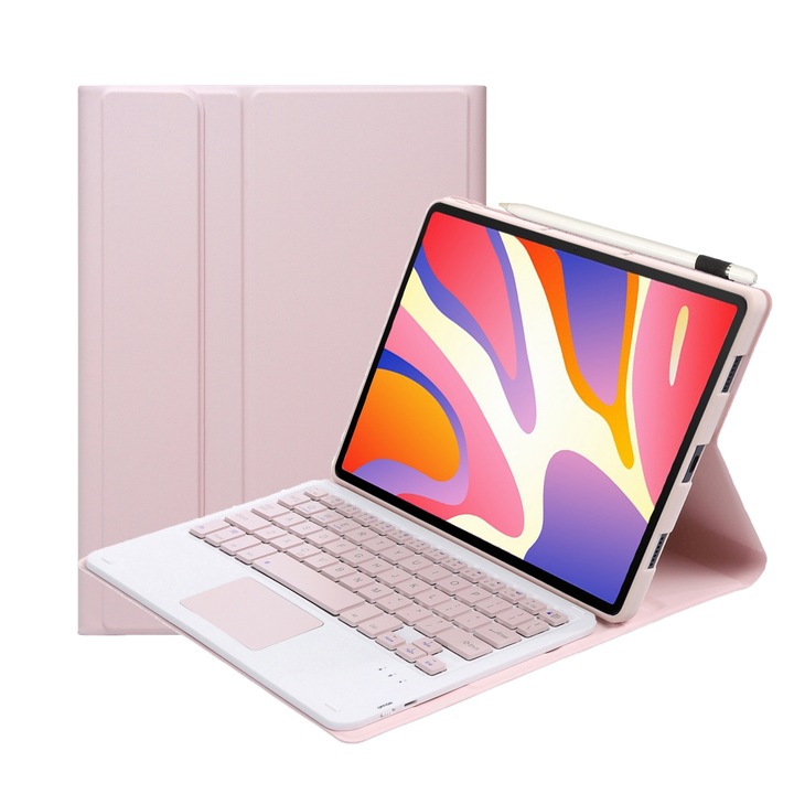 Husa cu tastatura Bluetooth 3.0 pentru Huawei MatePad SE 11 2024 AH21-A, cu suport, tastatura detasabila, piele PU, Alb/Roz