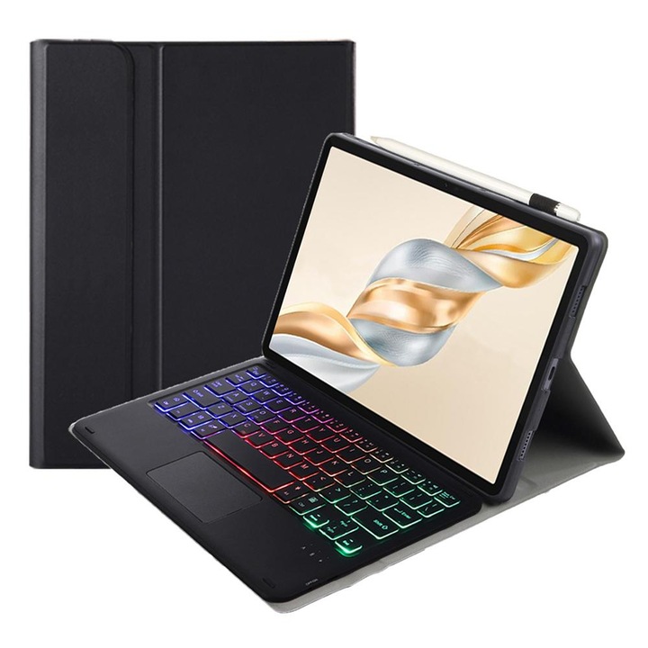 Husa cu tastatura Bluetooth 3.0 pentru Honor Pad X9 Pro 11.5 AH28-AS, cu suport, tastatura detasabila, iluminare tricolor, piele PU, Negru
