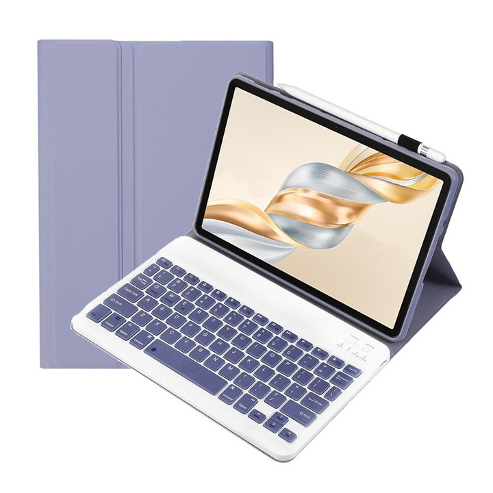Husa cu tastatura Bluetooth 3.0 pentru Honor Pad X9 Pro 11.5 AH28, tastatura detasabila, cu suport, Alb Lavanda