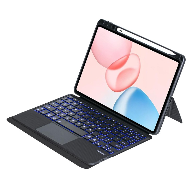 Husa cu tastatura Bluetooth 3.0 pentru Honor Pad 10, cu touchpad, cu suport, iluminare, piele PU, Negru