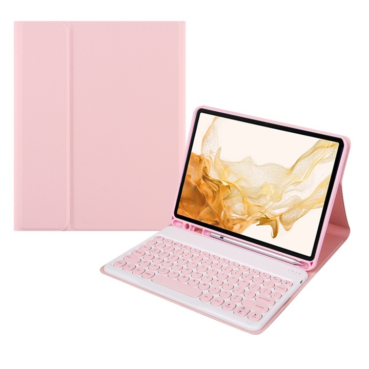 Husa cu tastatura Bluetooth 3.7 pentru Xiaomi Pad 6S Pro 12.4, tastatura detasabila, cu suport, culoare roz deschis