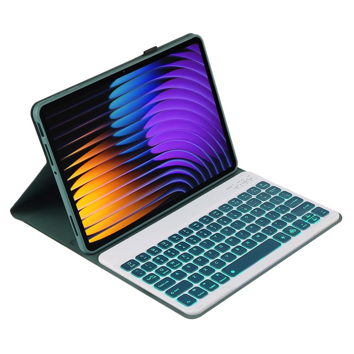 Husa cu tastatura Bluetooth pentru Xiaomi Pad 7 / Pad 7 Pro 11.2, cu suport, iluminare, incarcare Type-C, Verde inchis
