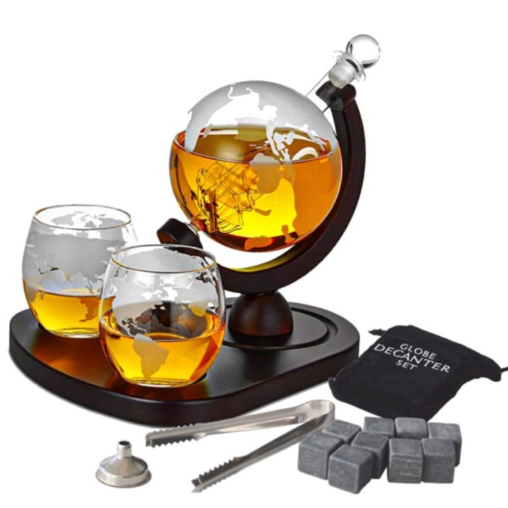 Set Cadou Decantor Glob Pamantesc Mindblower cu 2 Pahare Deluxe, Suport Lemn, Cleste si Cuburi Roca, Capacitate 850ml