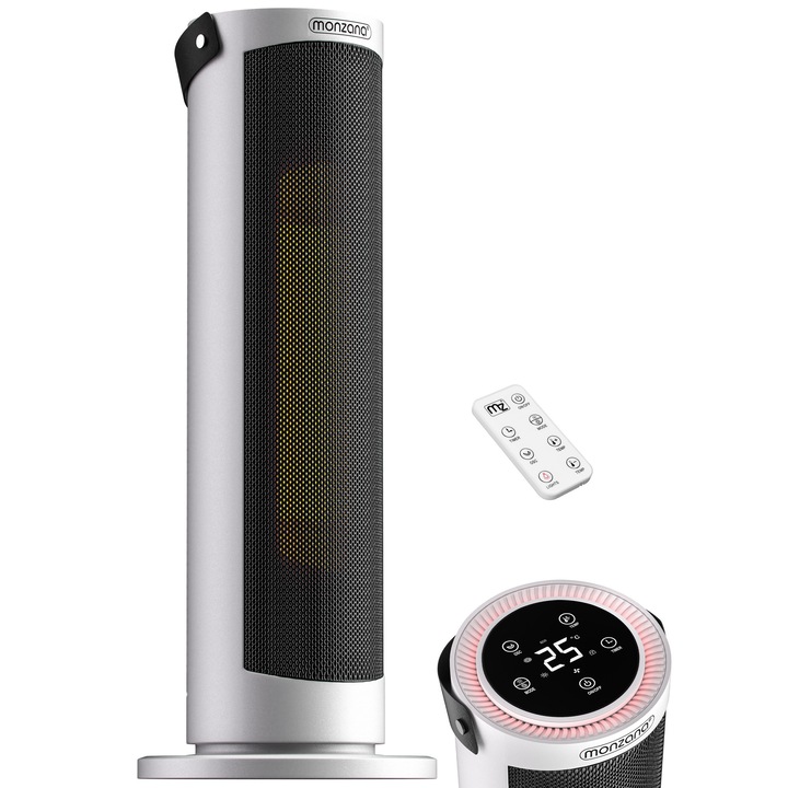 Monzana elektromos hősugárzó, meleg/hideg, 54 x 18 x 18 cm, 2000W, LED, 4 intenzitásfokozat, időzítő, állítható hőmérséklet 15-35°C, távirányító, 70°-ban forgatható, fehér