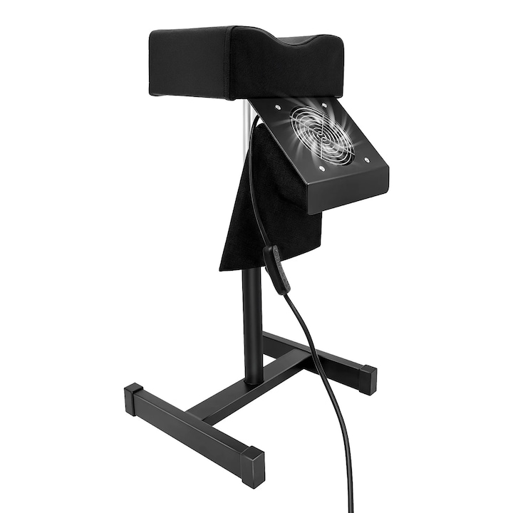 Scaun pedichiură profesional, negru, metal și PVC, înălțime reglabilă 48-68 cm, suport picior cu ventilator colectare praf