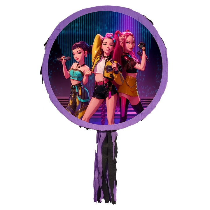 Pinata Huntrix Star, K Pop Demon Hunters, cu bat si confetti, Pinastar. Orificiu mare pentru umplere, rezistenta, bat din lemn, confetti