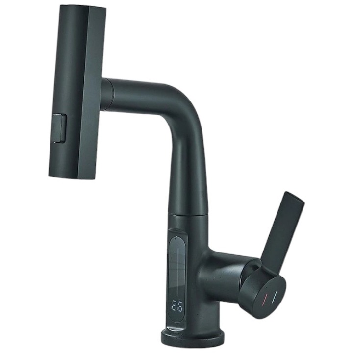 Смесител за мивка за баня/кухня BisDesign®, динамичен сензор за температура на водата, изтеглящ се душ тип дъжд, 3 функции на потока, матово черно покритие, размер 30 см