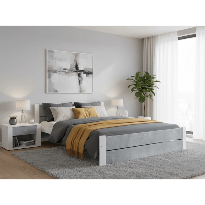 Pat dublu IKAROS DOUBLE 180 x 200 cm, beton/alba, Saltele: Cu saltele Deluxe 10 cm, Somiera pat: Cu lamele drepte