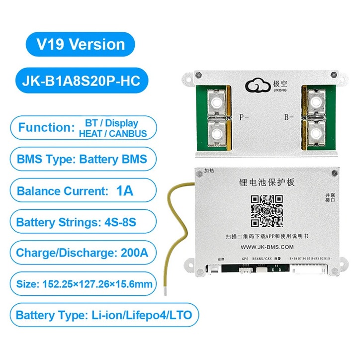 Sistem de Management al Bateriei, Jikong, Active Balancing, Integrare Dispozitive Smart, 200A
