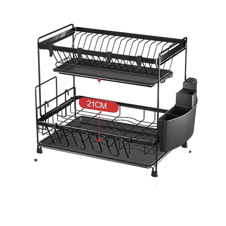 Scurgator vase 2 etaje, negru, organizator ajustabil, 2 niveluri